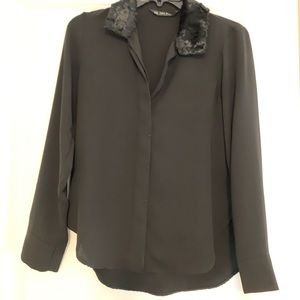 Zara Button Down & Faux Fur Collar Black Blouse